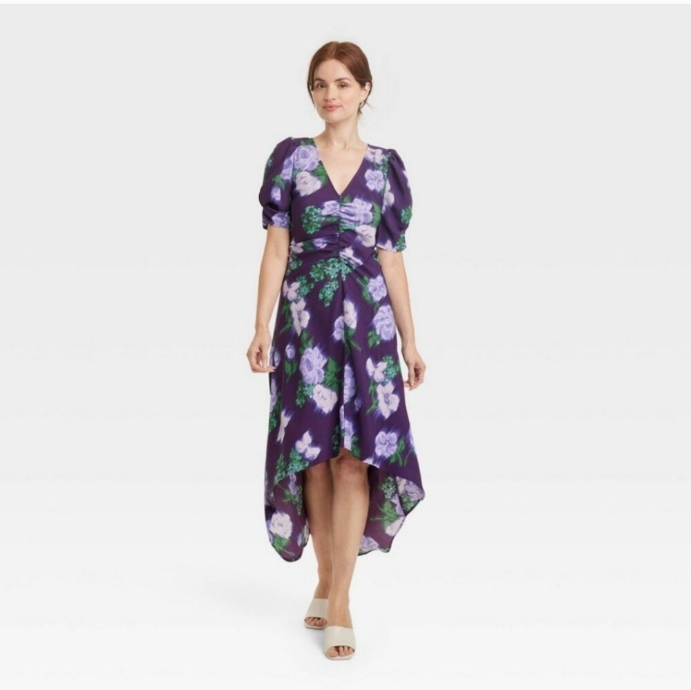 Vintage-Style Crepe Short Sleeve Midi Dress, Purple & Navy Floral Medium New